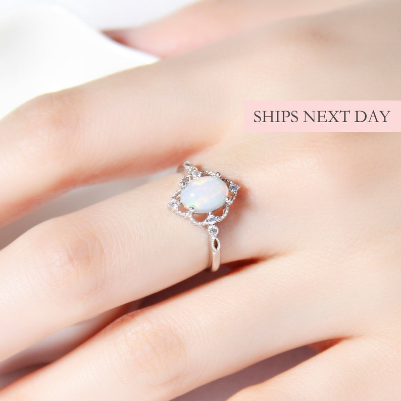 White Fire Opal Princess Ring, 925 Sterling Silver Natural Opal October Birthstone Dainty Minimalist Rose Gold & Gold Size Adjustable Ring image 1