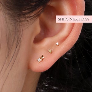 Tiny Little Earring Set, Dainty Minimalist Simple Basic Star Diamond Studs, 925 Sterling Silver & Gold Unisex Ear Stack Multiple Piercings