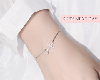 Sideways Cross Bracelet, 925 Sterling Silver Dainty Minimalistic Tiny Holy Cross Bracelet Religion Religious Christian Faith Jewelry for Her