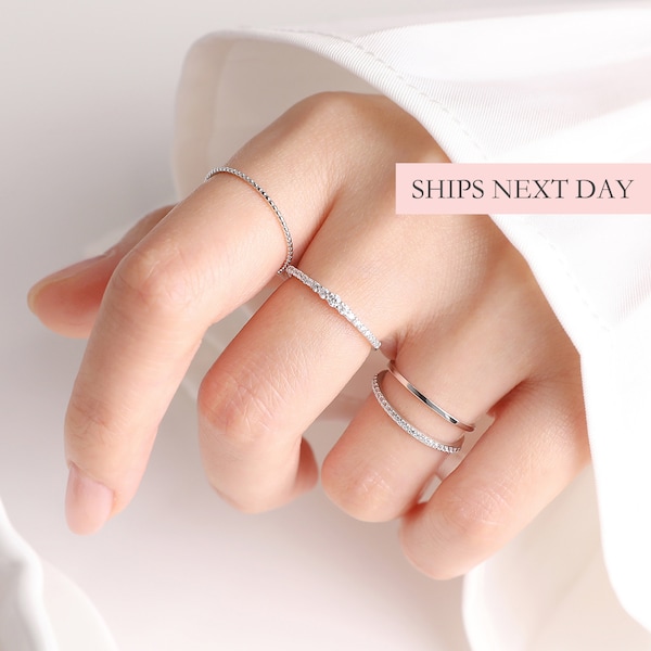 Stackable Ring Set of 4, 925 Sterling Silver Ultra Thin Stacking Rings Gold Simple Minimalist Mixed Set of Dainty Thin Delicate Diamond Ring