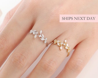 Eleganter Blatt-Ring, 925 Sterlingsilber-offene Größen-verstellbare minimalistische zierliche zarte einzigartige Gold-Manschettenring Freundschaft Schmuck Geschenk für sie