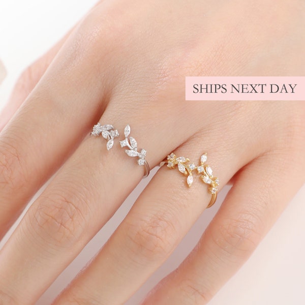 Eleganter Blatt-Ring, 925 Sterlingsilber-offene Größen-verstellbare minimalistische zierliche zarte einzigartige Gold-Manschettenring Freundschaft Schmuck Geschenk für sie