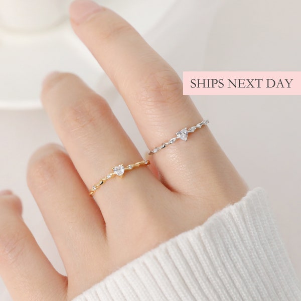 Tiny Heart Ring, 925 Sterling Silver Dainty Simple Minimalist Promise Ring Cute Best Friend Friendship Stackable Matching Diamond Gold Ring