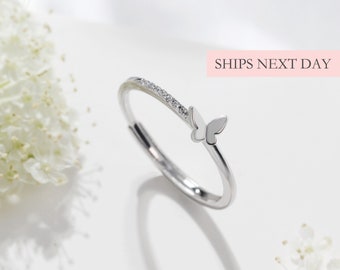 Anillo de mariposa delicado, plata de ley 925 pequeño minimalista delicado apilable tamaño abierto anillo de mariposa ajustable regalo para dama de honor ella