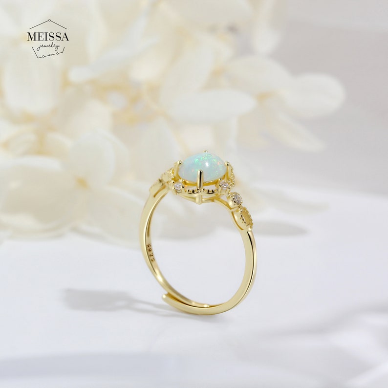 White Fire Opal Princess Ring, 925 Sterling Silver Natural Opal October Birthstone Dainty Minimalist Rose Gold & Gold Size Adjustable Ring image 7