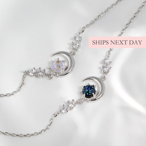 Moon Anklet, 925 Sterling Silver Purple Blue Stone Moon Charm Dainty Feet Foot Chain Leg Ankle Bracelet Celestial Rose Gold & Gold Gift Her