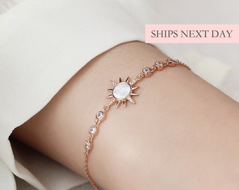 Sun Sky Bracelet, 925 Sterling Silver Mother of Pearl Cubic Zirconia CZ Sky Theme Minimalist Rose Gold & Gold Bracelet Dainty Sun Charm Her