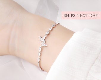 Dainty Butterfly Bracelet, Dainty Elegant Spring Butterfly Diamond Bracelet, Sterling Silver Friendship Bracelet Gift for Her Daughter Mom