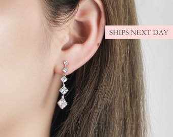 Simple Elegant Diamond Dangle Drop Earrings, 925 Sterling Silver Cubic Zirconia, Dressy Classy Minimalist Dainty Lightweight Earring for Her