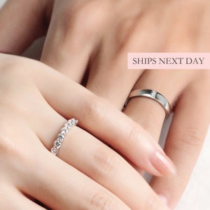 Simple Couple Wedding Bands, 925 Sterling Silver CZ Men & Women Promise Rings Size Adjustable Minimalist Rings Personalized Gift for Her Him