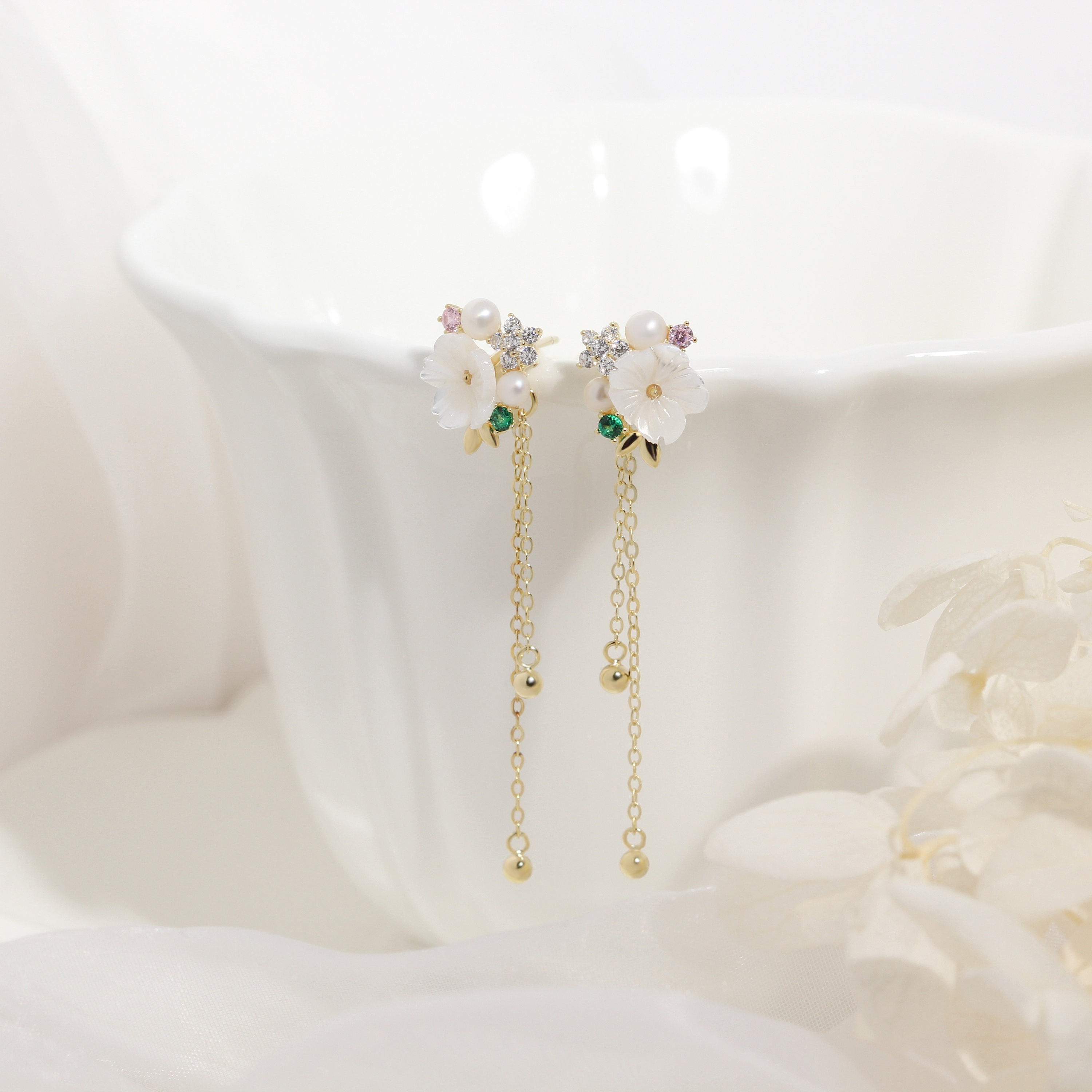 925 Sterling Silver Eastern Garden Flower Design Golden Floral Pearl Stud Earrings