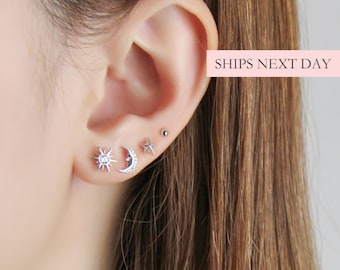 Moon Sun Star Earring Set, 925 Sterling Silver Rose Gold & Gold Earrings Tiny Ball Studs Cartilage Earrings Perfect for Multiple Piercings