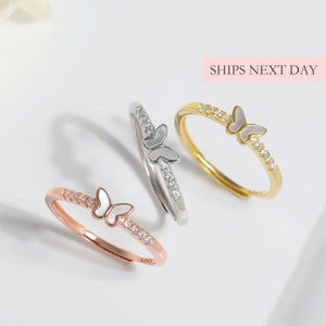 Dainty Butterfly Ring, Small Mother of Pearl and CZ Crystal Open Size Adjustable Ring, S925 Sterling Silver Rose Gold Delicate Stacking Ring