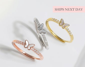 Anillo de mariposa delicado, anillo ajustable de tamaño abierto de cristal de nácar pequeño y CZ, anillo de apilamiento delicado de oro rosa de plata de ley S925