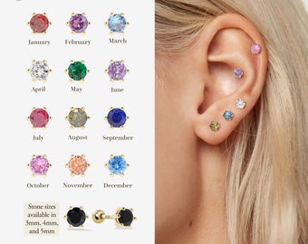 Birthstone Screw Ball Back Earrings • 3mm 4mm 5mm Dainty Studs • Minimalist Personalized Jewelry • Sleep On Ear Stack for Multiple Piercings