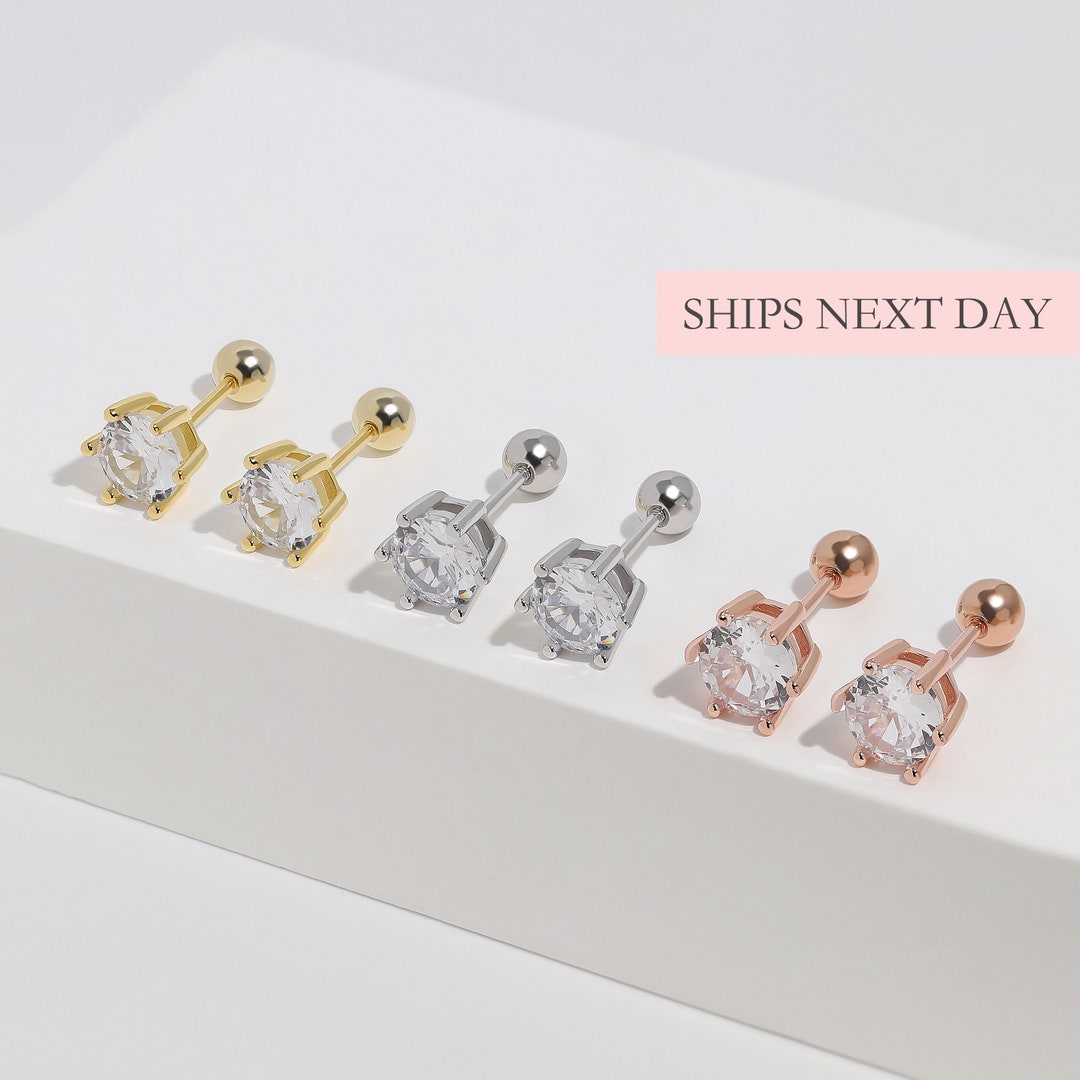 Diamond Screw Back Earrings, 925 Sterling Silver Simple Minimalist Everyday Safety Back Sleepon