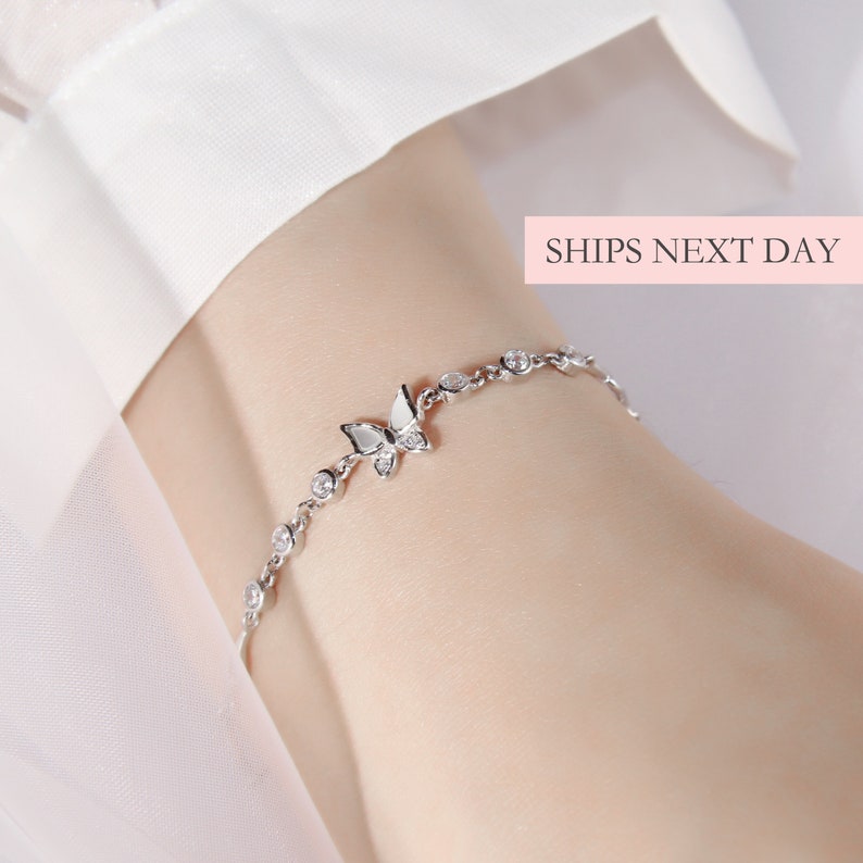 Butterfly Mother of Pearl Seashell Bracelet, S925 Sterling Silver Cubic Zirconia CZ Crystals Bracelet for Women, Good Luck Gift for Her 