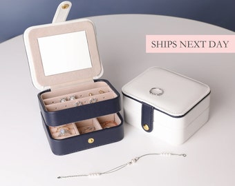 Travel Jewelry Box Case with Mirror, Multi-functional Jewelry Holder Multiple Levels PU Leather Organizer Mini Portable Accessory Storage