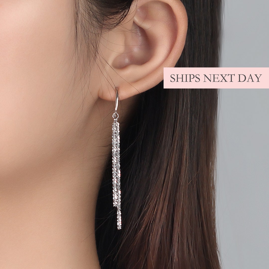 925 Silver Star Long Tassel Crystal Earrings Dangle Drop Women Wedding  Jewelry