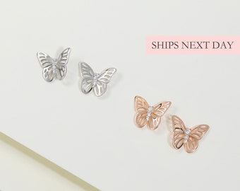 Butterfly Earrings, 925 Sterling Silver Rose Gold Butterfly Studs Dainty Minimalist Earrings Gift For Her Girlfriend