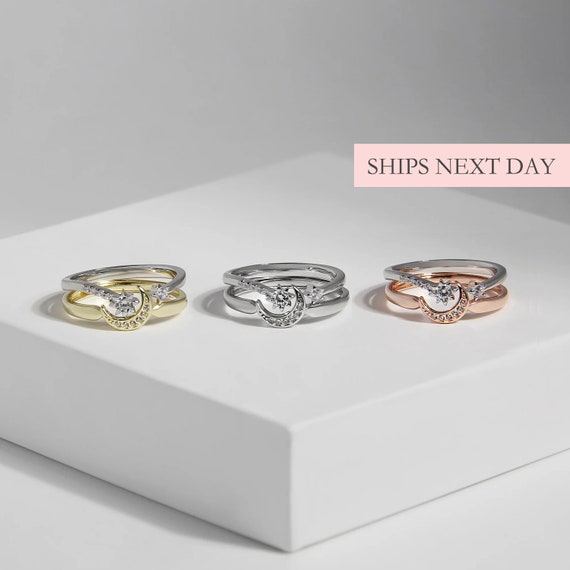 Moon and Star Ring Set, 925 Sterling Silver Rose Gold Plated