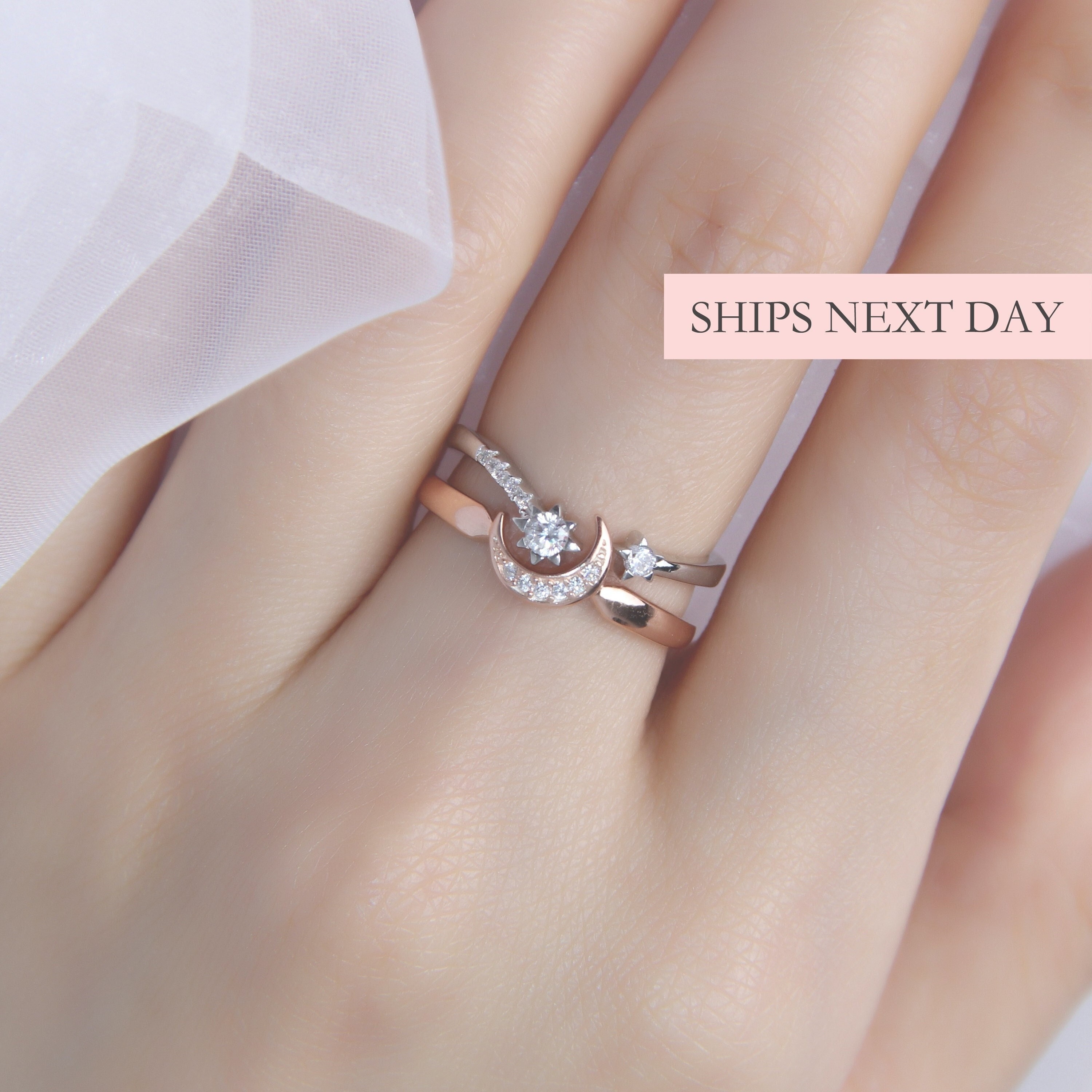 Moon And Star Ring Set - .925 Sterling Silver Polished Band Stackable Rings, Sizes 5-12 Available