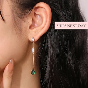 Emerald Green Teardrop Earrings, 925 Sterling Silver Elegant Classy Dainty Minimalist Lightweight Dressy Wedding Bridal Lightweight Earrings