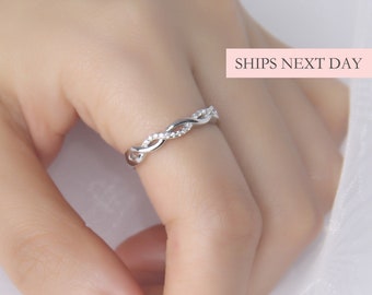 Dainty Twist Infinity Ring, 925 Sterling Silver CZ Stones Size Adjustable Pinky Thumb Index Band Minimalist Stackable Wedding Promise Ring