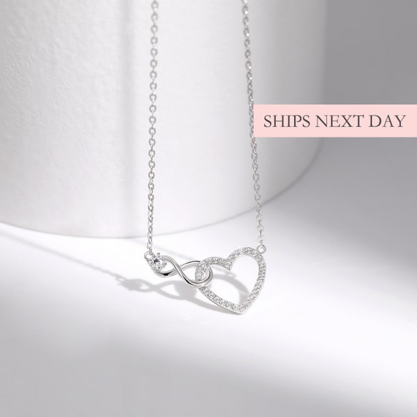 Infinity Heart Necklace, 925 Sterling Silver CZ Diamonds Rose Gold & Gold Heart Charm Infinity Sign Necklace Friendship Promise Gift for Her