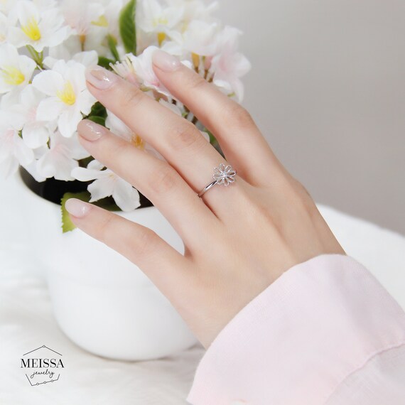 Unique Style Authentic 925 Sterling Daisy Flower Pink Rose CZ Silver Adjust Ring 