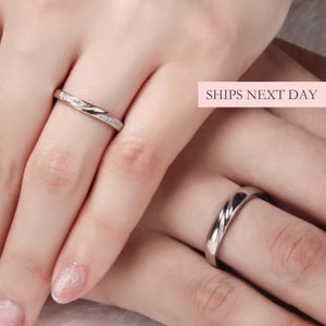 Simple Twist Couple Bands, 925 Sterling Silver Men & Women Wedding Band Open Back Size Adjustable Minimalist Matching Promise Rings Her Him