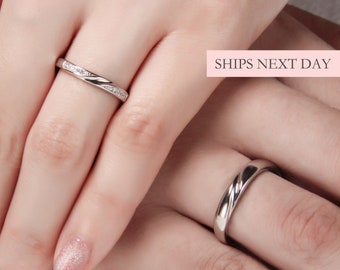 Simple Twist Couple Bands, 925 Sterling Silver Men & Women Wedding Band Open Back Size Adjustable Minimalist Matching Promise Rings Her Him