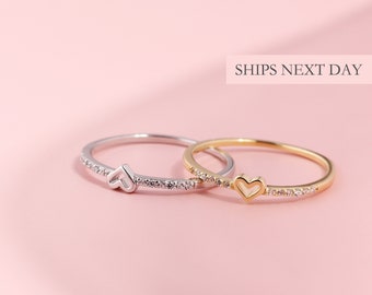 Schlichte Minimalist kleines Herz Ring Stapelbar, 925 Sterling Silber Gold Zierliche Versprechen Ring Beste Freundin Freundschaftsring für Sie Größenverstellbar