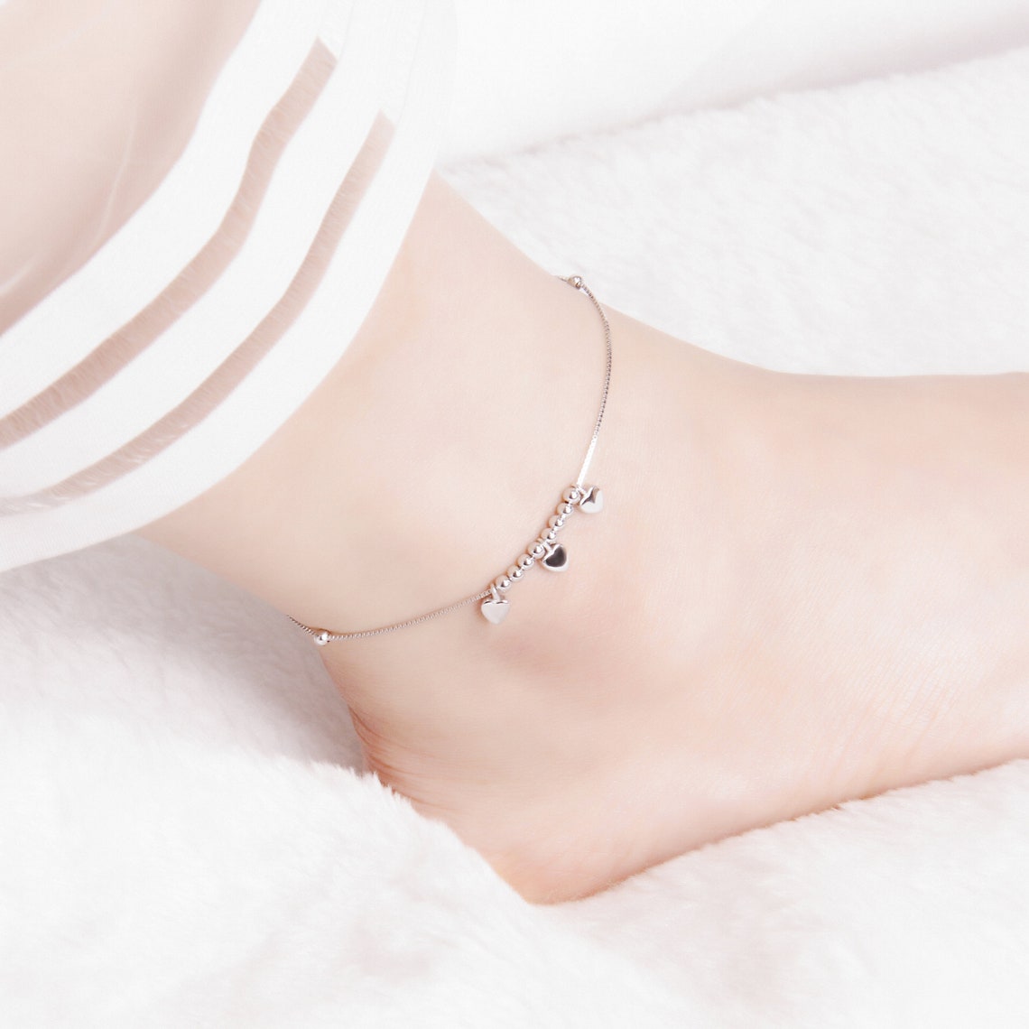 Hearts Ankle Bracelet 925 Sterling Silver Dainty Anklet Beads Etsy