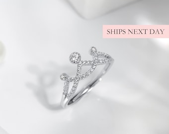 Princess Tiara Crown Ring, 925 Sterling Silver Size Adjustable Cubic Zirconia Diamond Promise Engagement Dainty Tiara Princess Ring for Her