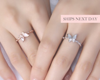 Butterfly Ring, 925 Sterling Silver Open Back Adjustable Ring Rose Gold Butterfly Dainty Stackable Thumb Index Promise Ring Bridesmaid Gift