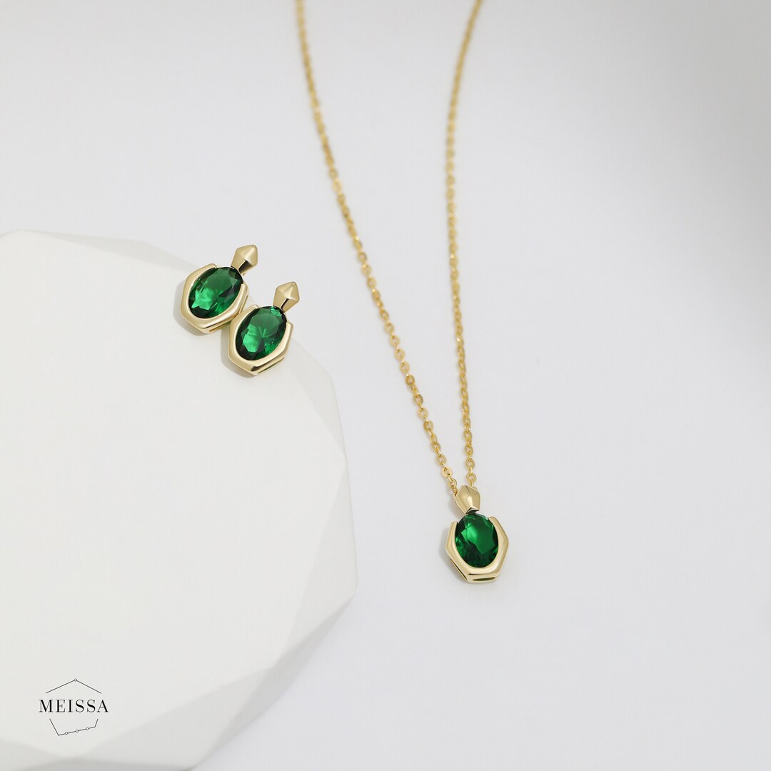 Dainty Emerald Green Earring Necklace Set 925 Sterling Silver Etsy