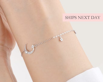 Crescent Moon Star Diamond Bracelet, 925 Sterling Silver Dainty Minimalist Stackable Friendship Bracelet Gift Her Bridesmaid Mom Best Friend