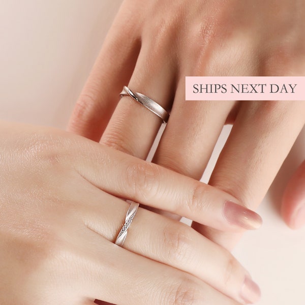 Simple Twist Couple Band, 925 Sterling Silver Sandblasted Finish Men Women Engagement Promise Wedding Diamond Ring Open Back Size Adjustable