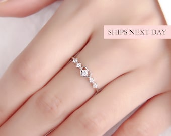 Heart Shape Princess Ring, 925 Sterling Silver Cubic Zirconia CZ Size Adjustable Promise Ring Dainty Minimalist Ring Gift for Bridesmaid Her