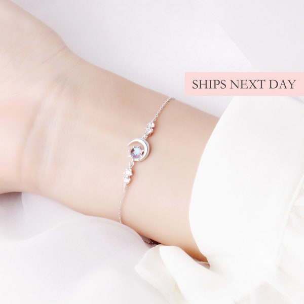Bracelet croissant de lune soleil étoile, bracelet thème ciel, argent sterling S925 zircone cubique CZ, cadeau bijoux minimaliste délicat femme pour elle