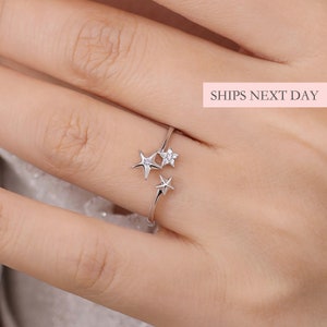 Stellar Trio Star Ring, 925 Sterling Silver Unique Star Size Adjustable Friendship Ring Cute Dainty Simple Minimalist Jewelry Gift for Her