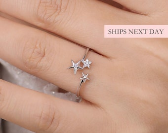 Stellar Trio Star Ring, 925 Sterling Silver Unique Star Size Adjustable Friendship Ring Cute Dainty Simple Minimalist Jewelry Gift for Her