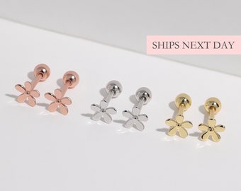 Flower Screw Back Earrings, Sterling Silver/Rose Gold/Gold Safety Ball Back Comfort Sleep-On Dainty Minimalist Cute Little Girl Stud Earring