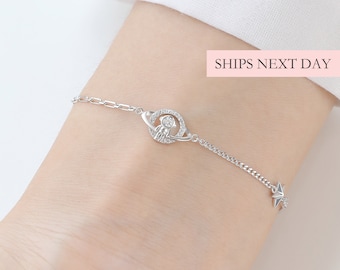 Pulsera de estrella de astronauta de Saturno, plata de ley 925 simple y delicada pulsera de amistad minimalista de oro rosa apilable regalo para ella