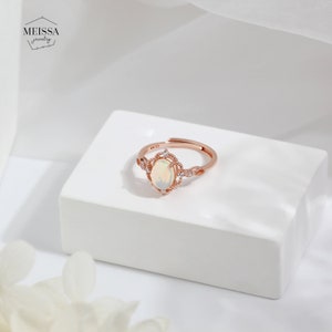 White Fire Opal Princess Ring, 925 Sterling Silver Natural Opal October Birthstone Dainty Minimalist Rose Gold & Gold Size Adjustable Ring image 8