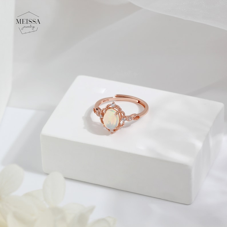 White Fire Opal Princess Ring, 925 Sterling Silver Natural Opal October Birthstone Dainty Minimalist Rose Gold & Gold Size Adjustable Ring image 8