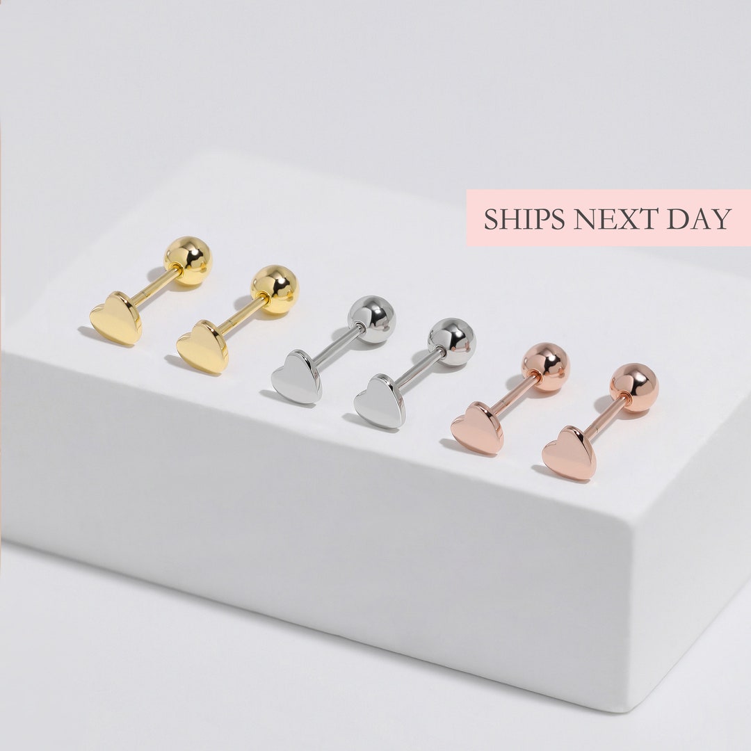 Heart Screw Ball Back Earrings, Safety Back Sleepon Comfortable Earrings, 925 Sterling Silver