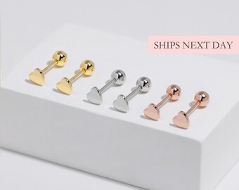 Heart Screw Ball Back Earrings, Safety Back Sleep-On Comfortable Earrings, 925 Sterling Silver Tiny Dainty Minimalist Simple Rose Gold Studs