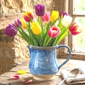 Op de afbeelding: Een boeket kleurrijke tulpen in een blauwe keramische kan. De tulpen hebben verschillende kleuren, waaronder paars, geel, roze en rood. De kan staat op een houten oppervlak.